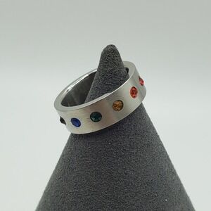 Stainless Steel Rainbow Rhinestone Ring‎ Size 8 Pride Jewelry